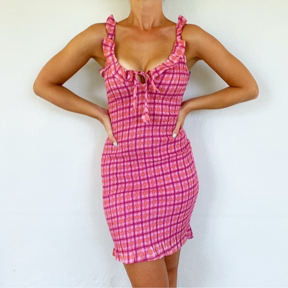 EUC - Japna Pink Plaid Tie Front Bodycon Dress - Size Small